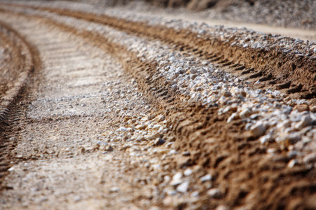 Detailed close-up of a compacted gravel base prepared for a future road segment, showcasing clear layering and visible tracks from a heavy compactor machine.の素材