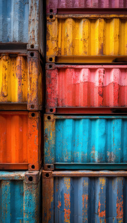 High-resolution close-up of stacked shipping containers showcasing diverse textures, wear, and vibrant color variations. Captures the industrial aesthetic and weathered details.の素材