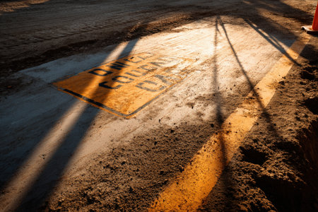 High-detail image of a construction zone sign and temporary road markings on a freshly dug site. Strong shadow lines create a dramatic industrial scene, ideal for stock use.の素材