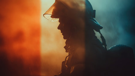 A French firefighter is silhouetted against a glowing fire, enhanced by a soft tricolor flag overlay. The image captures cinematic elegance and realism, highlighting bravery and patriotism.の素材