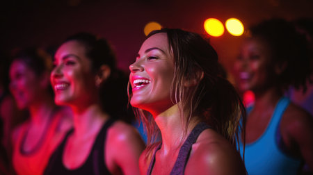 A group of women laughing and moving energetically during a Zumba session. The scene is enhanced by dynamic movement and colorful lights, creating a vibrant and joyful atmosphere.の素材
