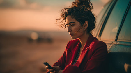 A young woman with wavy hair in a bun, wearing a red blazer, leans against a charging electric SUV while using her smartphone in a desert urban environment.の素材