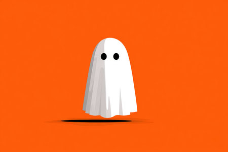 Modern graphic art featuring a minimal flat-design ghost on a vibrant orange background. The bold color contrast and centered layout create a striking, contemporary poster look.の素材