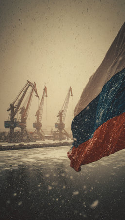 A Russian flag waves over an Arctic shipping base, featuring snow-covered cranes and icy waters. The scene captures the epic cold tones and high-definition clarity of the Arctic environment.の素材