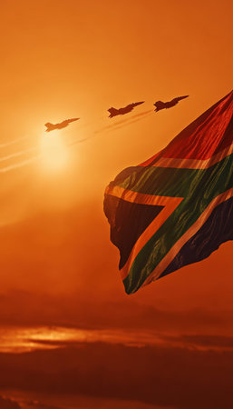A South African flag waves under a bright orange sky with fighter jets crossing the horizon, symbolizing strength and unity. The scene is bathed in warm, glowing tones.の素材
