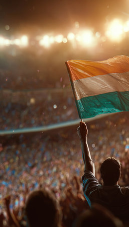 An enthusiastic Indian supporter waves the national flag amidst bright stadium lights and a blurred crowd, capturing the energy and excitement of a live sports event.の素材