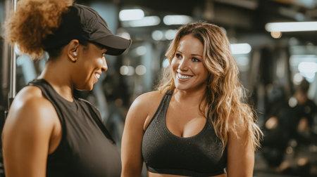 A fitness coach guides a woman through workout techniques in a modern gym. Both are smiling, creating a natural and supportive environment for exercise and personal growth.の素材