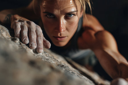 Close-up action shot of a woman in sportswear reaching for a climbing hold. Her expression shows strength and concentration, highlighting the intensity of rock climbing.の素材