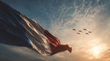 The French flag gracefully flutters against a sunrise sky as jets soar overhead. The scene captures national pride with elegant, soft golden and blue tones in a cinematic composition.の素材