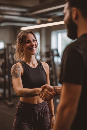 A personal coach and client share a fist bump, smiling after a successful session. Gym equipment and a mirror are visible in the background, highlighting a positive workout environment.の素材