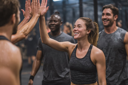 A group of athletes exchange high-fives, smiling and sweating after completing a challenging workout. The gym setting enhances the atmosphere of shared motivation and achievement.の素材