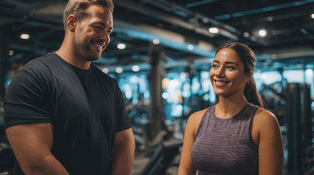 A fitness coach guides a woman through workout techniques in a modern gym. Both are smiling, creating a natural and supportive environment for exercise and personal growth.の素材