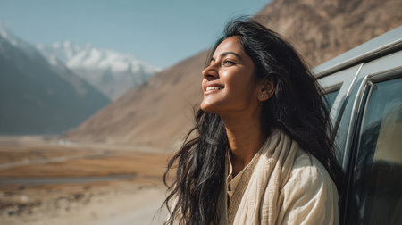 A young woman with long black hair and a cream kurta stands by her car, enjoying a breathtaking mountain landscape. The scene captures a moment of serene travel and exploration.の素材