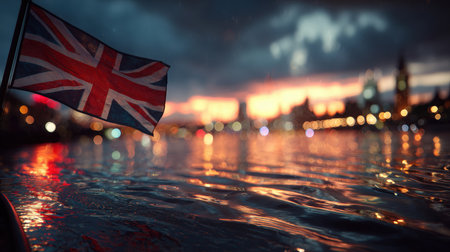 A British flag flutters above the Thames River in London, capturing the cinematic elegance of sunset reflections and city lights on the water in a balanced composition.の素材