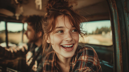 A young woman with chestnut hair in a messy bun, wearing a plaid shirt, smiles and laughs with a friend inside an old rustic car. The countryside scenery is visible outside.の素材