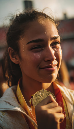Close-up of a woman clutching her gold medal, tears in her eyes, capturing an emotional victory moment. The blurred stadium background adds to the triumphant atmosphere.の素材