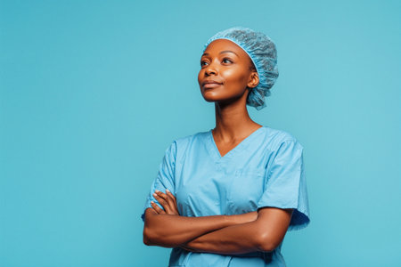 A Black female anesthesiologist stands confidently with folded arms, wearing a surgical cap and blue scrubs, exuding focus and serenity against a blue background.の素材