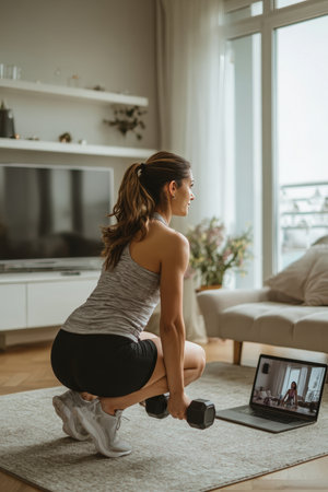 A woman performs a cardio workout with dumbbells at home, following an online class on her laptop. The room is airy and decorated in a minimalist style.の素材