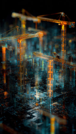 A high-detail holographic city scene featuring cranes made of data light, showcasing advanced 3D visualization and realism. The image captures a futuristic urban assembly.の素材