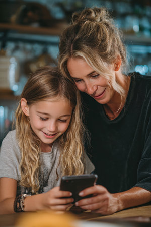 A mother helps her daughter log chores and allowance into a budgeting app, fostering digital money skills and bonding. The photorealistic image captures a learning moment.の素材