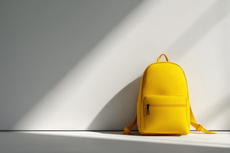 Bright yellow backpack on a white background with diagonal shadow, perfect for minimalist back-to-school promotions and clean branding concepts.の素材