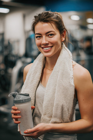 A woman stands smiling with a shaker bottle and towel around her neck, exuding health and energy after a workout. She is positioned in front of gym equipment, showcasing a fitness lifestyle.の素材