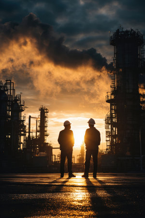 Silhouetted refinery engineers stand against a stunning sunset backdrop, with industrial tanks and a dramatic sky. The golden light creates an artistic and cinematic atmosphere.の素材