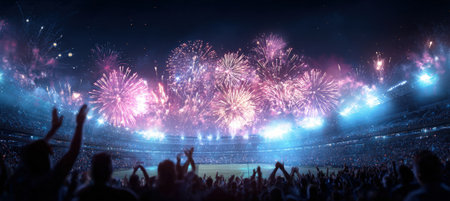 A wide-angle view of a stadium at night, showcasing a spectacular fireworks display. Fans cheer and wave, celebrating a sports championship with bright lights and a festive atmosphere.の素材