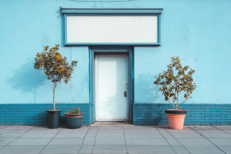 Realistic architectural photo of an empty city billboard on a brick wall with a blue door. The urban street scene features potted plants and is captured in daylight with centered composition.の素材