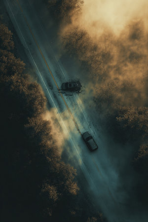 Aerial overhead view of a two-car accident on a rural forest road. Fog rises from the asphalt, creating an emotional and cinematic atmosphere with a subdued color palette.の素材
