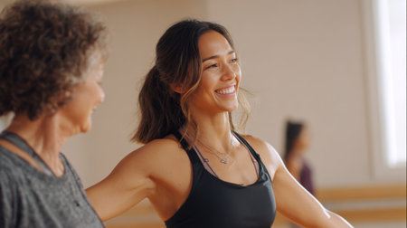A visually impaired woman participates in dance-inspired fitness movements with an instructor. Both are smiling in a well-lit studio, highlighting inclusivity and joy in exercise.の素材