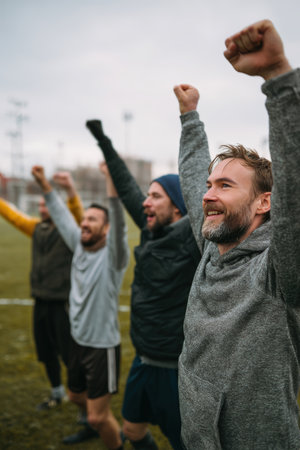 A group of amateur football players joyfully celebrate a goal on a grassy field, raising their arms in triumph. They wear casual gear, showcasing teamwork and enthusiasm.の素材