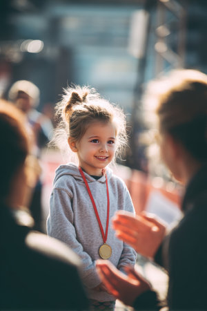A young girl stands on the podium, smiling proudly as she receives a medal after a kids' race. Her parents clap enthusiastically nearby, celebrating her achievement.の素材