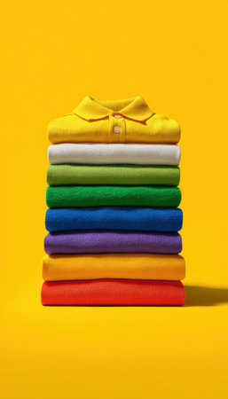 Vibrant kids' sports uniforms neatly stacked by size on a solid yellow background. Ideal for e-commerce product catalogs, showcasing a variety of colors and styles.の素材