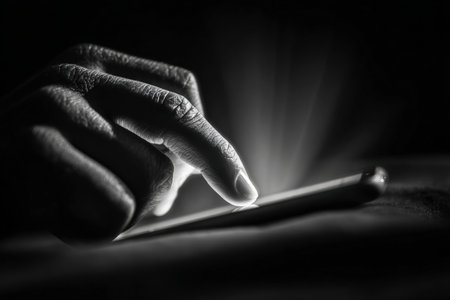 A fine-art style black-and-white macro photograph capturing a hand interacting with a smartphone. The image uses contrast lighting to create abstract tech symbolism.の素材