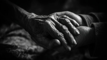 Artistic black-and-white photograph capturing a caregiver holding an elderly hand. The image emphasizes strong emotional focus, contrast lighting, and a timeless, poignant mood.の素材