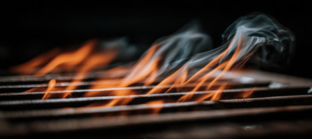 A captivating macro shot of bright orange flames licking metal bars, with soft smoke trails and dramatic lighting. The minimal composition and dark theme enhance the fiery scene.の素材