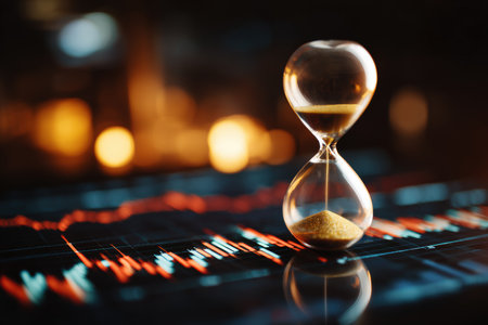 A sand timer symbolizes productivity against a backdrop of blurred financial charts, captured in a warm cinematic tone. This image represents time management and business efficiency.の素材