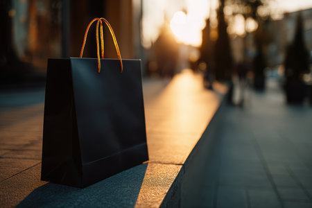 Black paper shopping bag illuminated by golden-hour sunlight, showcasing luxury retail aesthetics. Cinematic composition with shallow focus enhances the elegant and sophisticated ambiance.の素材