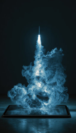 A minimalist concept depicting a rocket launching from a tablet screen, surrounded by glowing digital smoke. The dark studio background enhances the elegant composition.の素材