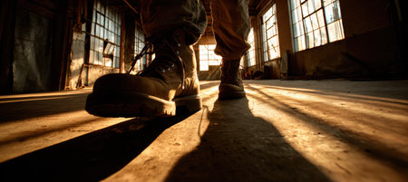 Low angle shot of worker's boots stepping into sunlight streaming through warehouse windows, creating dramatic shadows and depth. Captures the essence of industrial fine art photography.の素材