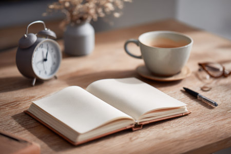 A serene workspace featuring an open notebook, a cup of coffee, and a clock. This setup embodies mindfulness and effective time management in a calm environment.の素材