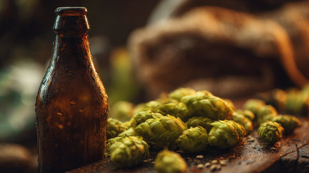 Close-up image showcasing hops and malt surrounding a beer bottle, capturing the artisanal brewing mood with a shallow depth of field in warm daylight.の素材