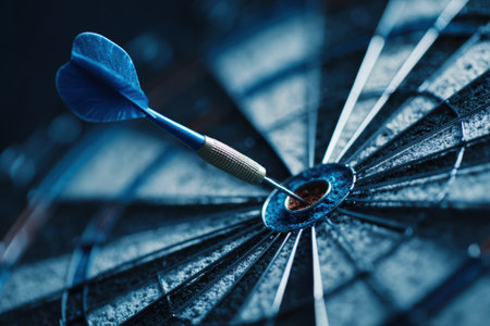 Macro photograph of a blue dart perfectly lodged in a bullseye, representing success and precision. The minimalist corporate aesthetic emphasizes focus and achievement.の素材
