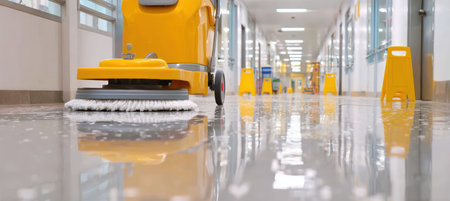 A realistic photo of a floor cleaning machine in action within a bright corridor, highlighting modern workplace hygiene practices. Yellow caution signs are visible in the background.の素材