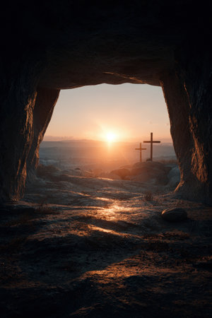 A tranquil early morning scene viewed from inside an ancient tomb, showcasing a radiant sunrise and cross silhouettes. This high-detail image evokes themes of faith and renewal.の素材