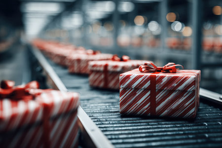 A row of red and white wrapped parcels moves along a conveyor belt in a warehouse. The shallow depth of field and cinematic lighting create a festive, realistic atmosphere.の素材