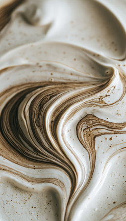 A macro close-up of a soup surface featuring a cream swirl forming abstract patterns. The minimalist background and shallow depth of field enhance the food art style.の素材