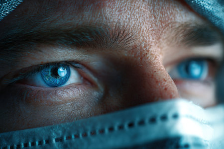 A close-up macro image showcasing intense blue eyes partially covered by a medical mask, captured in low light. The realistic texture and cinematic storytelling evoke strong emotions.の素材
