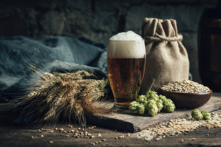 Cinematic still life featuring craft beer ingredients on a wooden table. Barley and hops evoke artisanal authenticity, enhanced by moody lighting for a rustic ambiance.の素材
